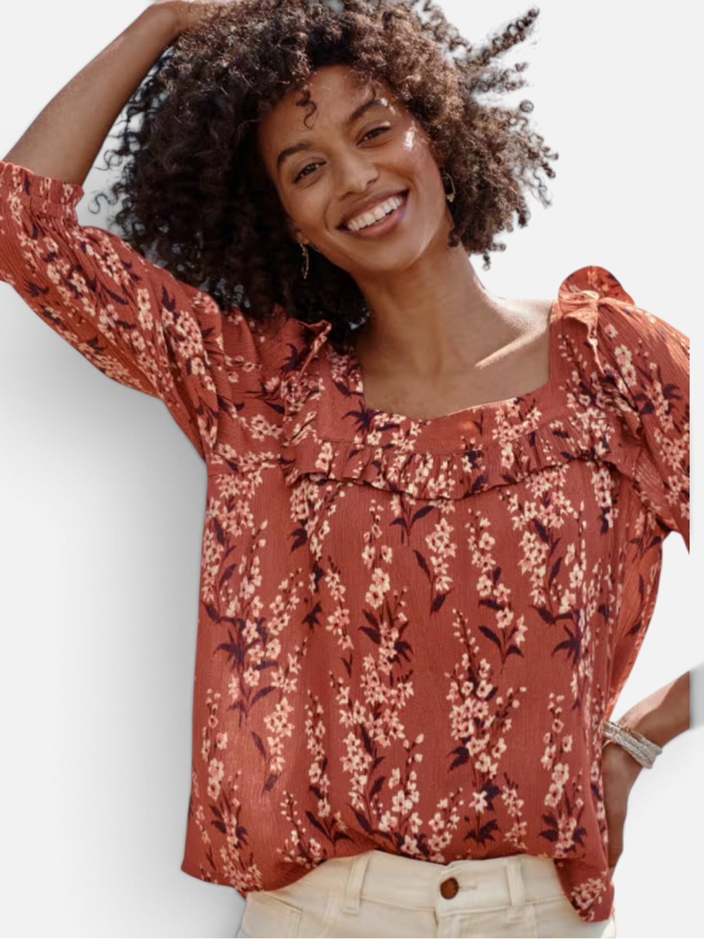 Garnet Hill Jasmine Crepe Rust Floral Square-Neck Blouse Prairiecore Autumnal